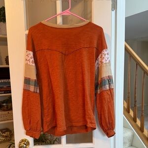 Boho Orange Long Sleeve Top with Patterned Sleeves